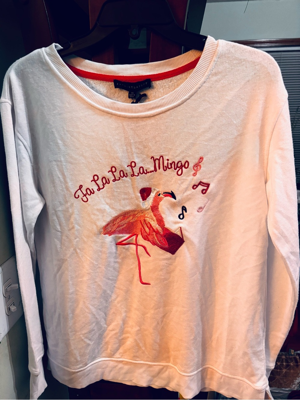 Jane and Delancey White Sweatshirt with Pink Flamingo Embroidery